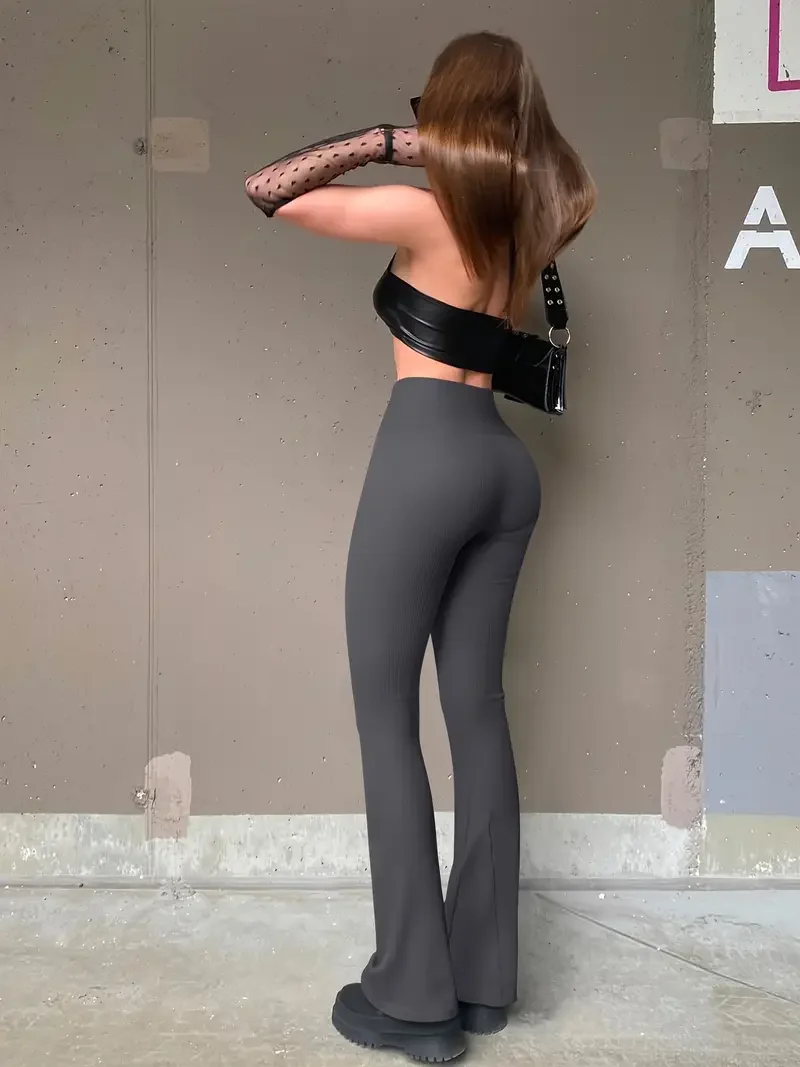 Spring and summer solid color bell bottom pants, women's casual high waisted taboo pants, elastic waistband