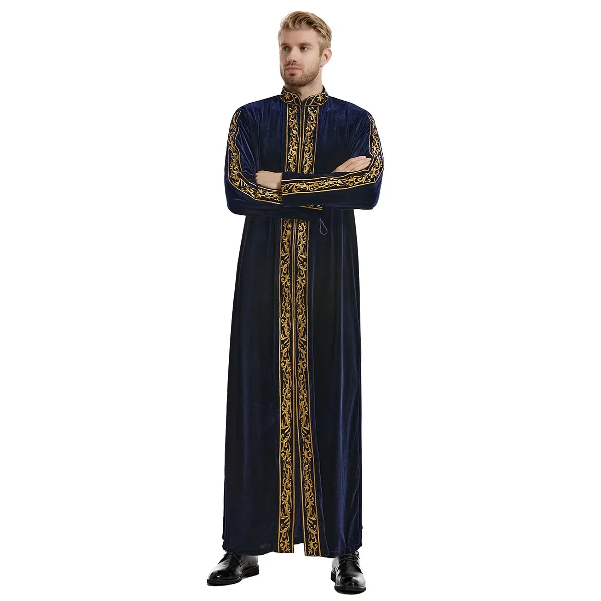 Masculino muçulmano gola bordado ramadan thobe com mangas compridas robe islâmico kaftan thawb dubai tornozelo comprimento abaya