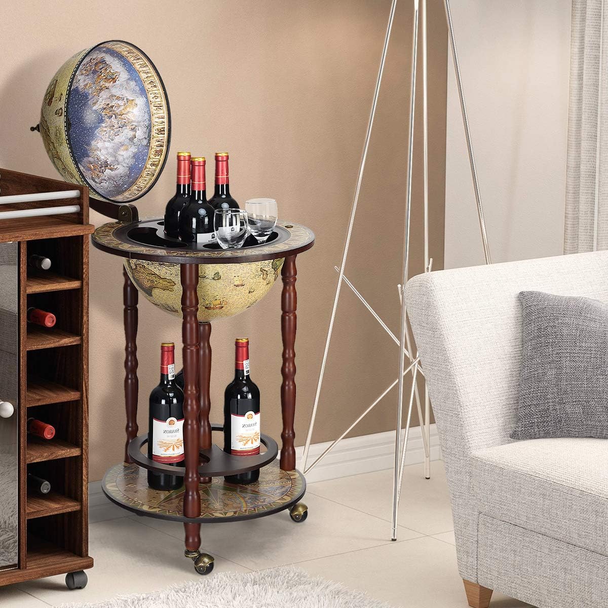 Barra de globo de madera de eucalipto, soporte de vino de globo de madera, montado sobre ruedas, estilo antiguo, 45x45x88cm, blanco