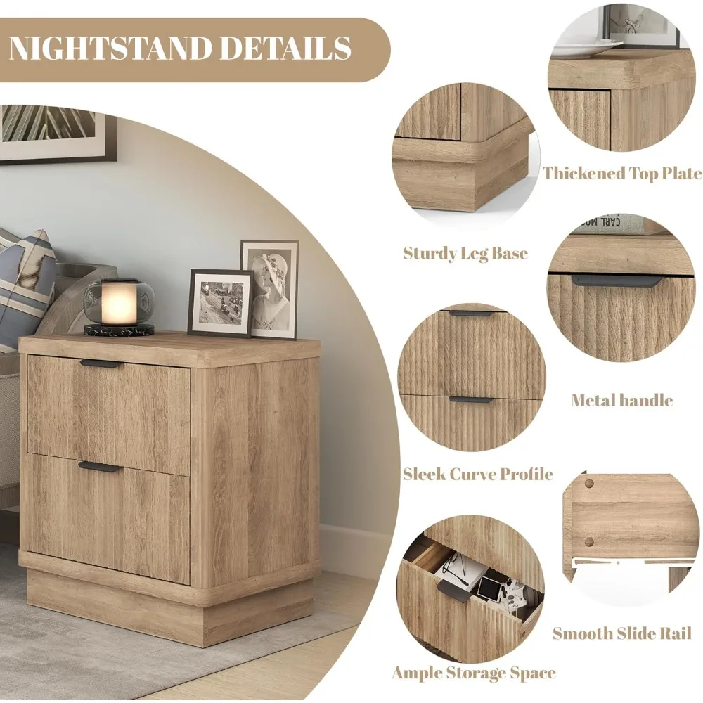 Fluted Nightstand with 2 Drawers Farmhouse Wood Oak Nightstands for Bedroom, Bedside Tables for Small Space,Sofa Side Table