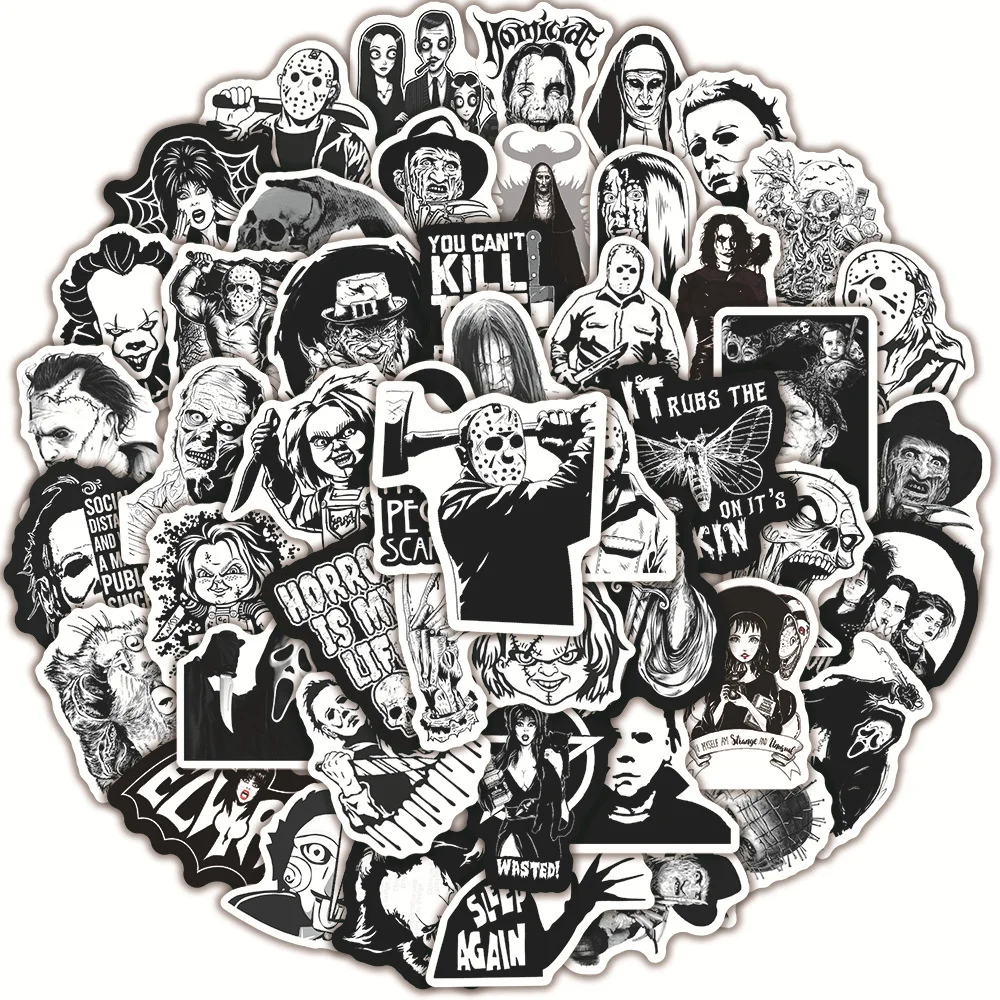 10/30/50 Uds. Pegatina de película de terror de estilo blanco y negro equipaje portátil IPad funda de teléfono monopatín pegatina impermeable al por mayor