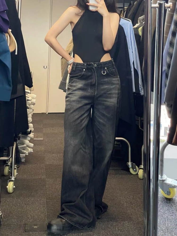 HOUZHOU ヴィンテージ黒ワイドレッグジーンズ女性特大ハイストリート韓国ファッションだぶだぶのデニムパンツグランジ Y2k 女性ヒップホップ