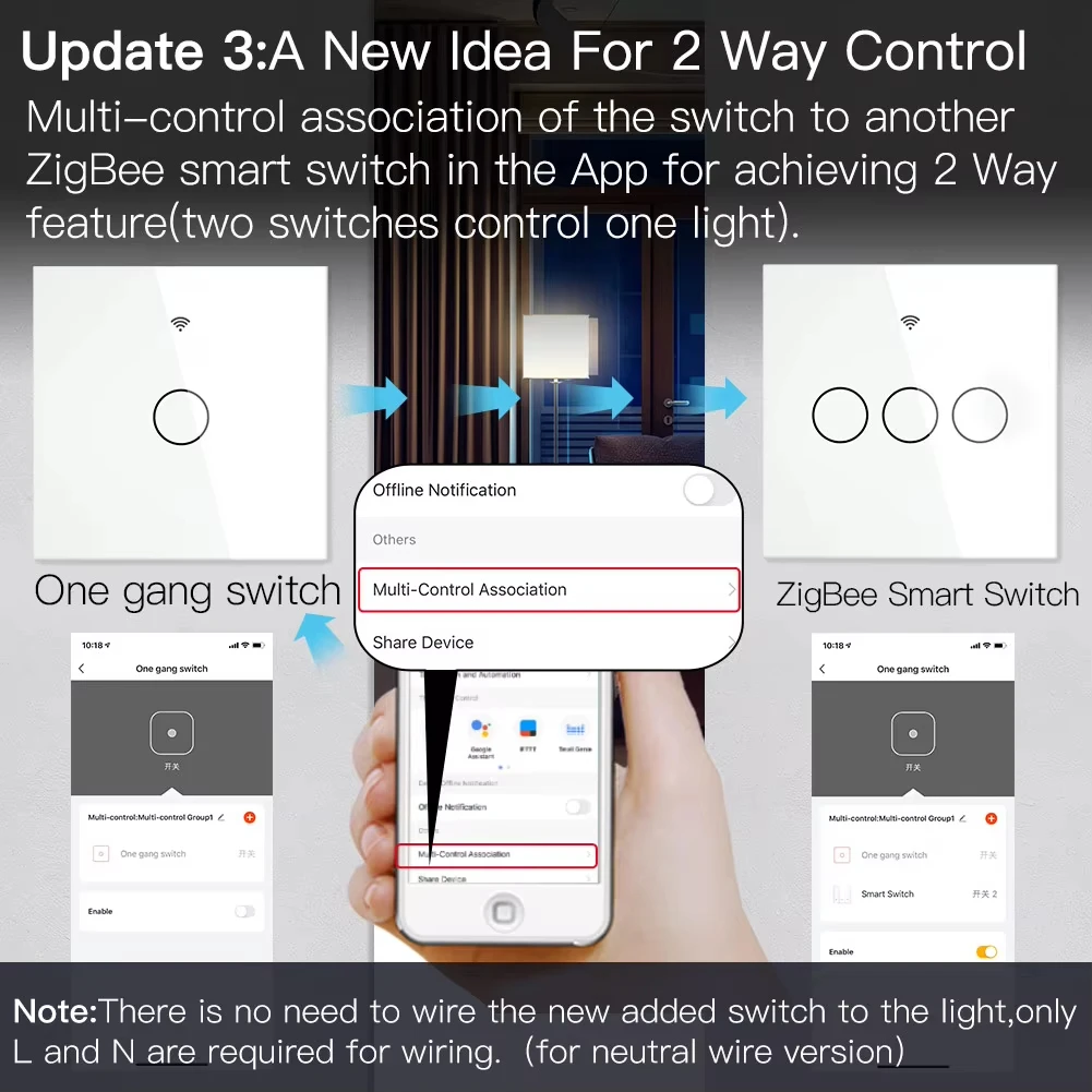 ZigBee Wall Touch Smart Switch, 1/2/3/4 gang, No-Neutral/Wire LED light control Wall Button, smart voice with Alexa Google Home