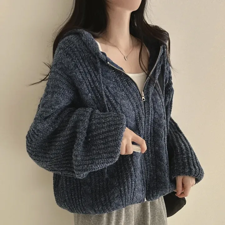 Ladies Loose Lazy Sle Retro Twist Knitted Hat Sweater Coat Korean Version Autumn Winter Top Warmth Emitting Short Length Zi...
