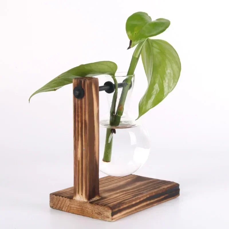 Vaso a bulbo trasparente con supporto in legno Fioriera in vetro da tavolo per piante idroponiche Coffee Shop Room Decor