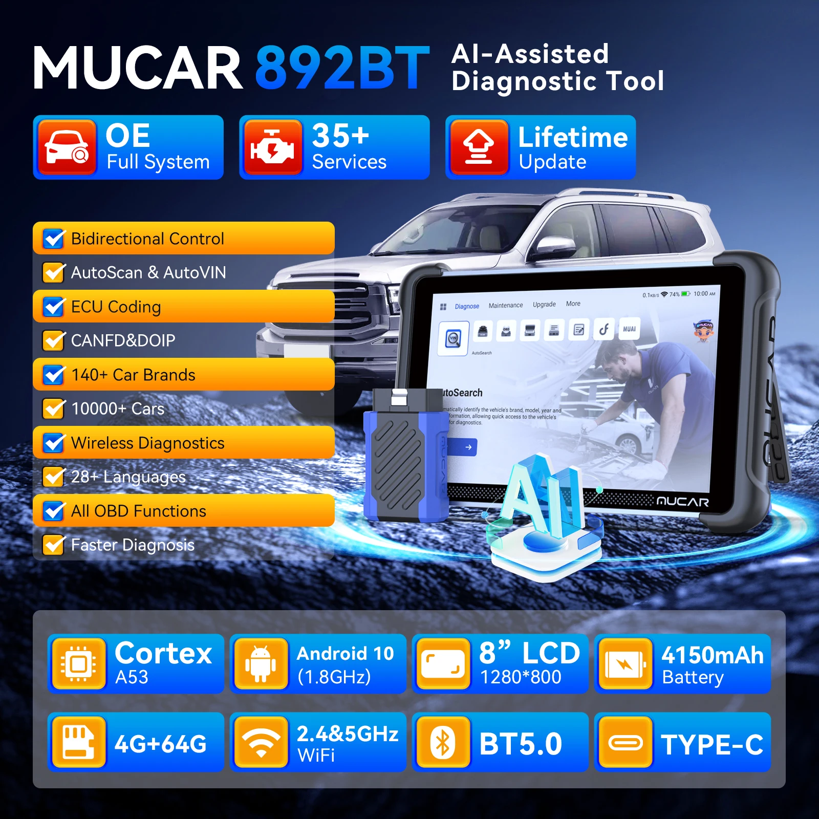 MUCAR 892BT Диагностический инструмент OBD2 с поддержкой AI, сканер CAN FD/DOIP OBD 2, диагностика всех систем, 35 ​​сбросов кодировки ЭБУ, двунаправленное бесплатное обновление на весь срок службы