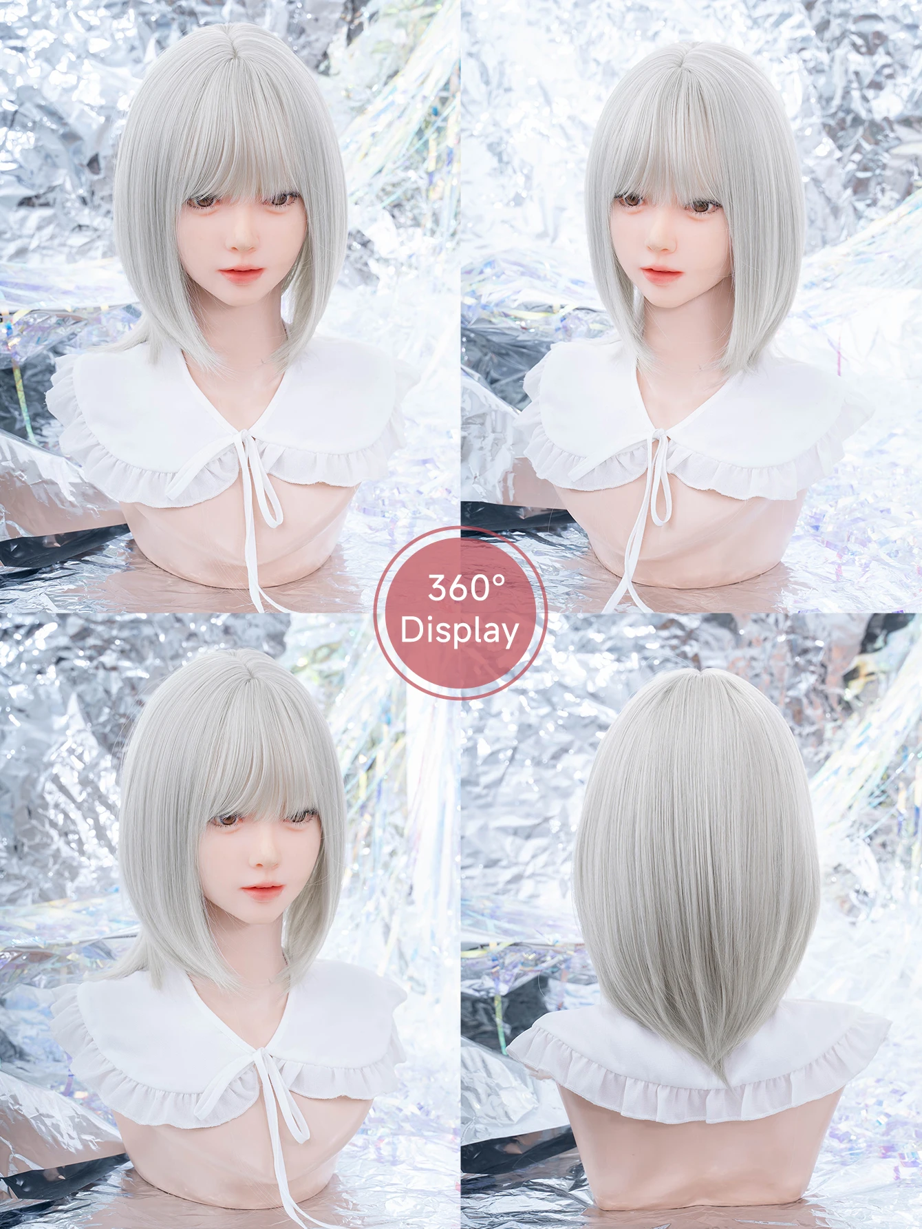 女性用フリンジ付き合成ストレートヘアウィッグ,14インチ,シルバー,グレー,プリンセス,ショート,ストレート,デイリー,コスプレ,耐熱性