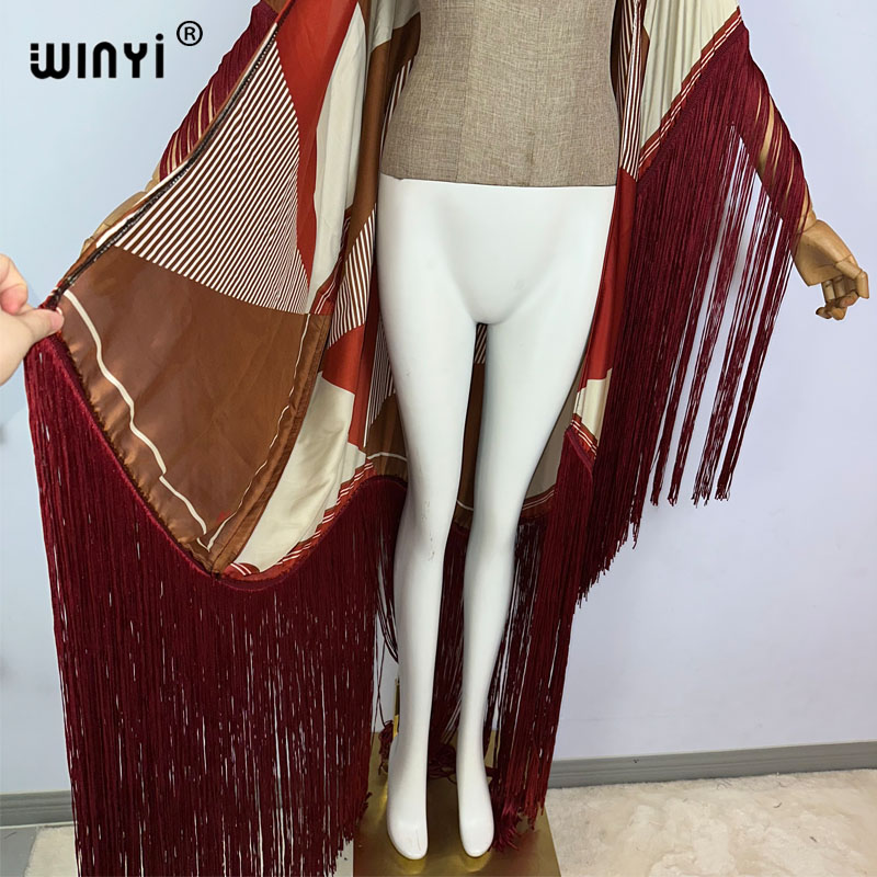 Winyi Kimono Vertuschungen Sommer Boho Print Bikini Vertuschung elegante Mode Strickjacke sexy Urlaub Langarm Quasten Maxi kleid