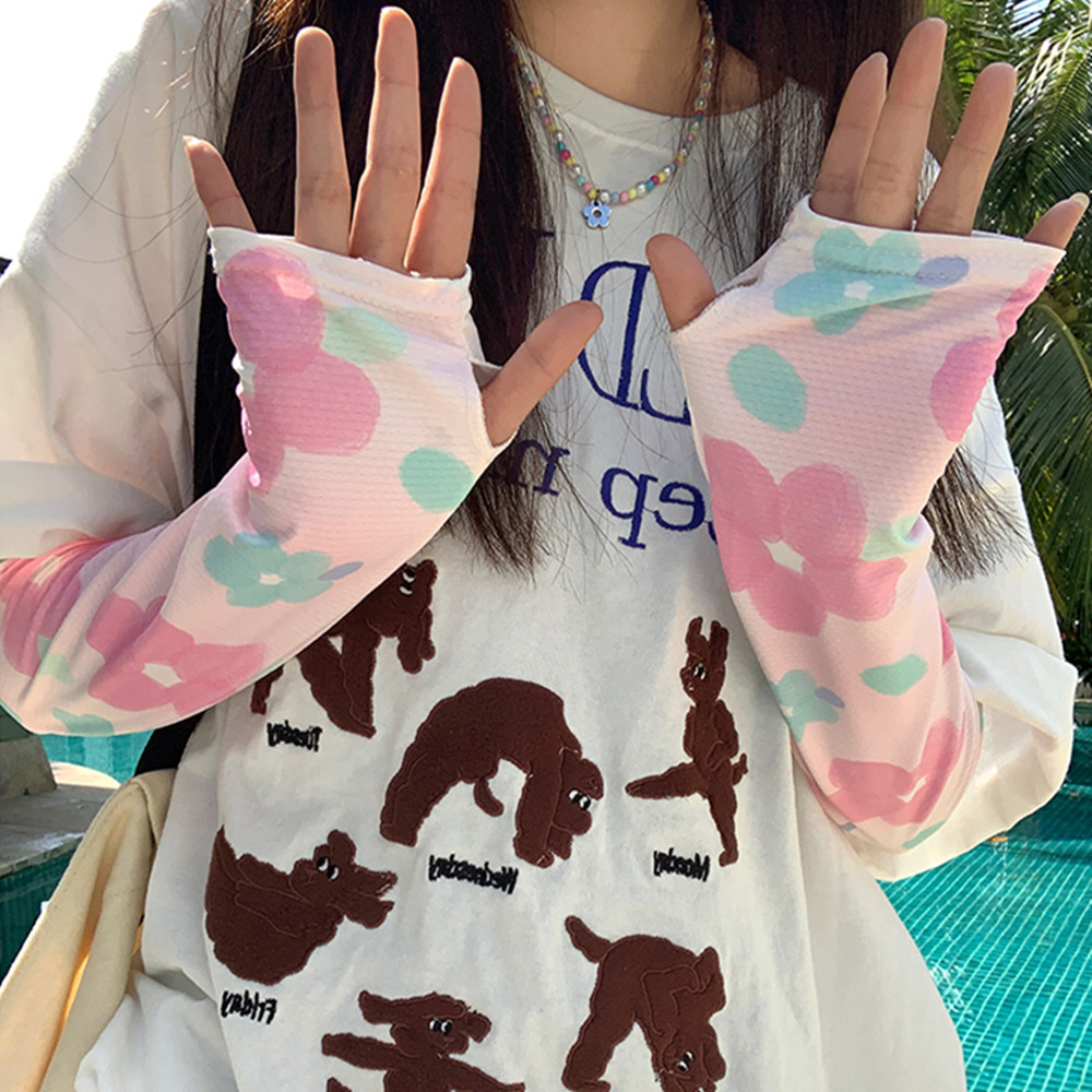 Vrouwen Zonwering Ademende Mouwen Rijden Lange Vingerloze Handschoenen Bloem Strik Cool Mof Zomer Uv Bescherming Armmouwen