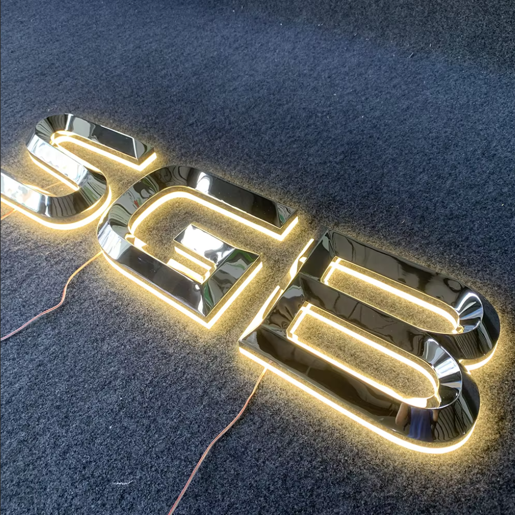 Maßgeschneidertes LED-Ladenschild aus Edelstahl mit Hintergrundbeleuchtung für den Außenbereich, umgekehrte LED-Kanalbuchstaben für Unternehmen