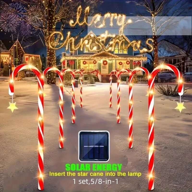1 Juego de 5/8 luces solares de Navidad para jardín, luces de bastón de caramelo impermeables para exteriores, lámpara de decoración navideña para camino festivo de césped