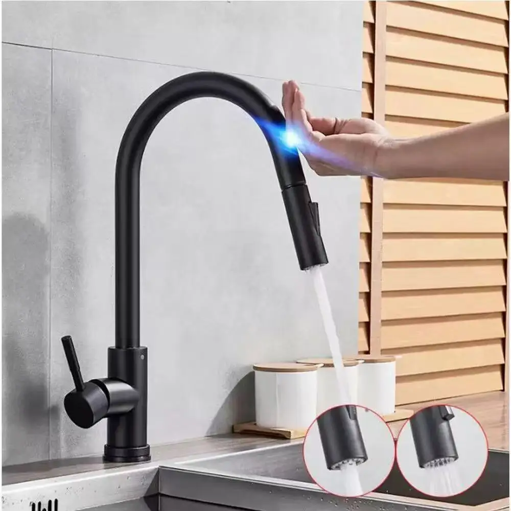 Torneira de cozinha sensível ao toque, sensor de níquel escovado, aço inoxidável, preto, indução inteligente, misturada, controle de toque, pia