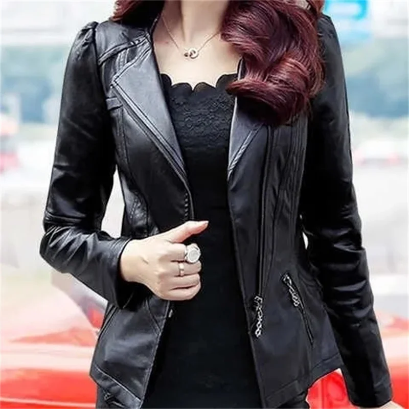 2024 สุภาพสตรีหนังฤดูใบไม้ร่วงใหม่Puสั้นหนังขนาดเล็กเกาหลีSlimแฟชั่นZipper Slimเสื้อแจ็คเก็ตหนังรถจักรยานยนต์Plusขนาด