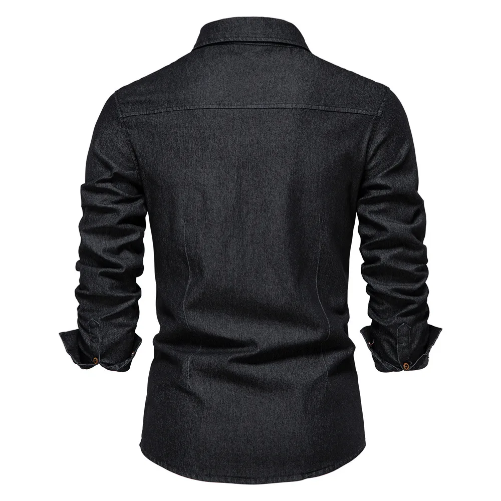 Camisa de mezclilla de algodón elástico para hombre, camisas de manga larga con bolsillo de Color sólido, ropa de diseñador ajustada informal, alta calidad