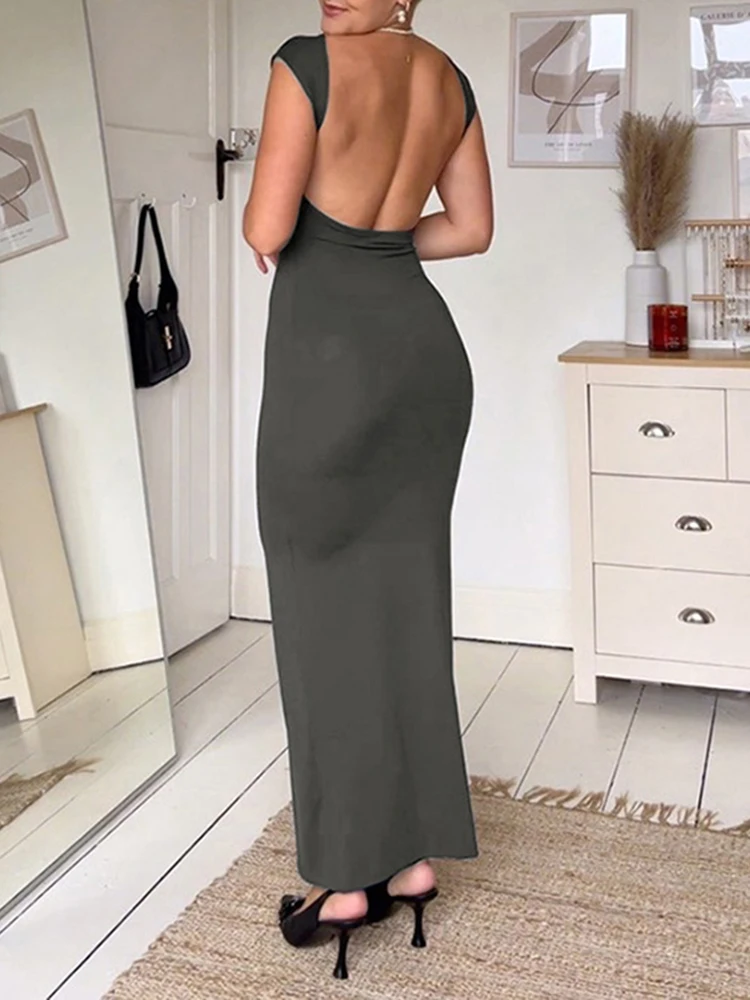 IAMSURE Elegant Basic Solid Backlessตรงชุดแฟชั่นสบายๆO-คอสั้นชุดMaxiแขนกุดสําหรับผู้หญิง 20233 ฤดูร้อน