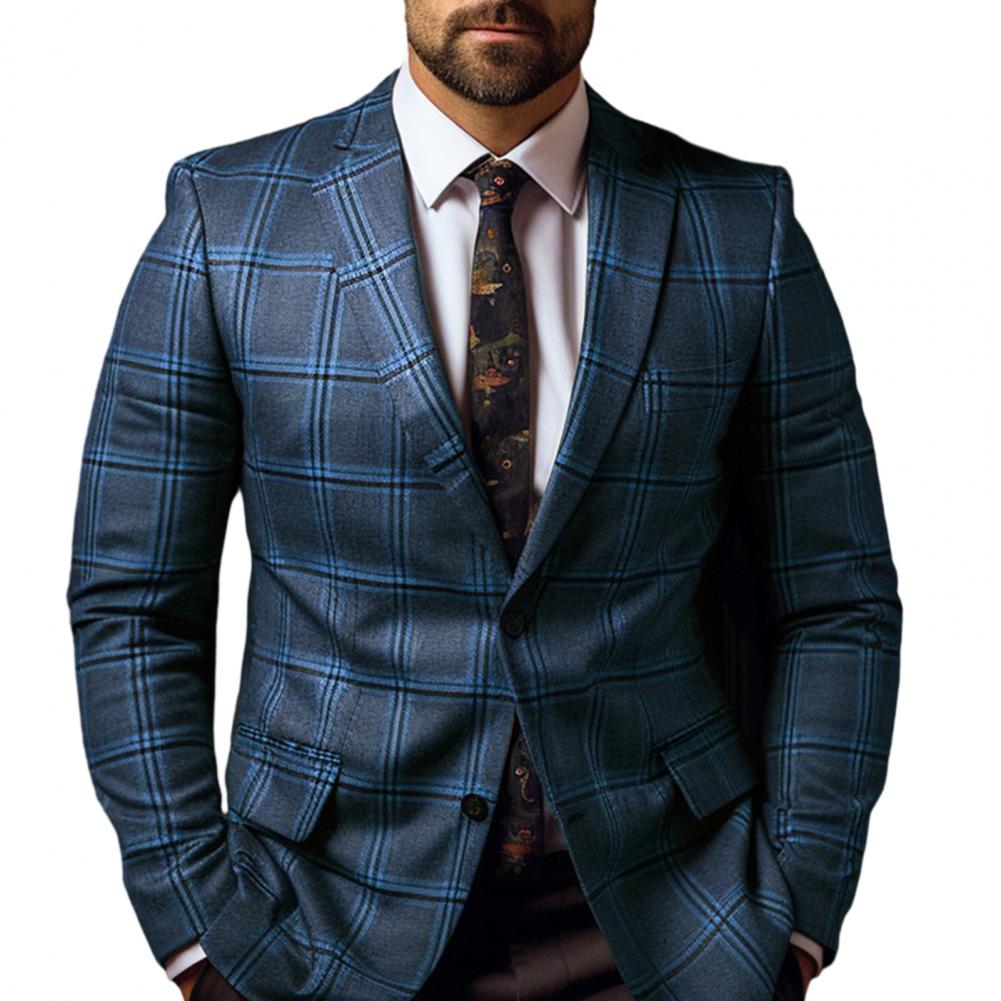 Terno masculino casaco formal estilo de negócios fino ajuste xadrez impressão manga longa único botão fechamento comprimento médio em linha reta cardigan trabalho coa