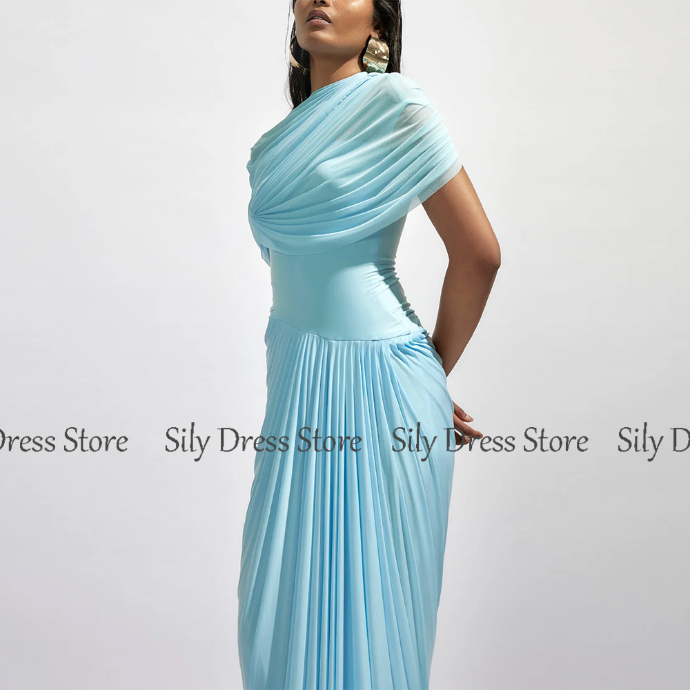 Sky Blue Evening Dresses 2025 Spandex Sheath/Column Prom Dress High Collar Pleat Cap Sleeve Valentine's Day Long Gown