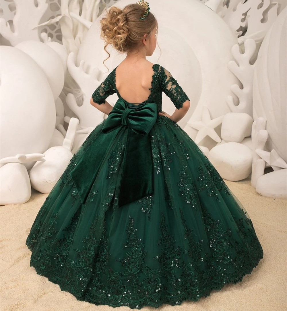 Smaragdgrüne lange Prinzessin Blumen mädchen Kleider Applikationen Bogen Tüll halbe Ärmel Hochzeits feier Ballkleid Geburtstag Festzug Robe