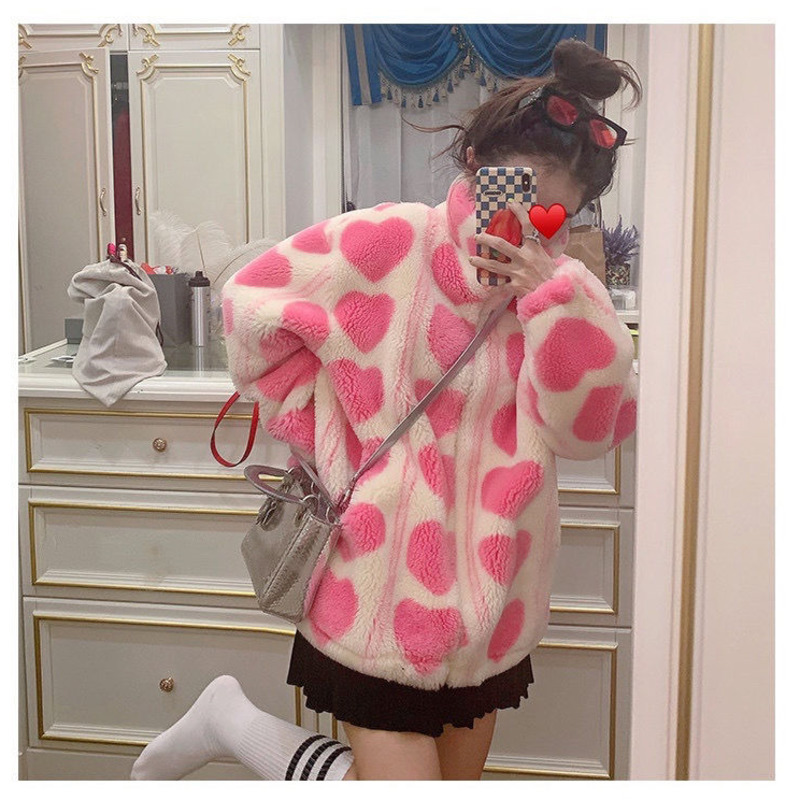 Winter Japanische Mäntel Koreanische Mode Kawaii Lammwolle Mäntel Rosa Herz Frauen Faux Pelz Teddy Jacken Oberbekleidung Weibliche Mantel