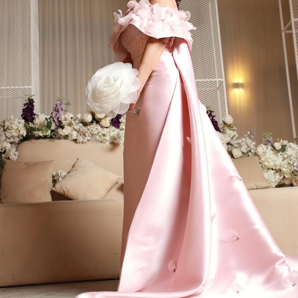 Vestidos de noche de cristal con lentejuelas y flores 3D, elegantes y de lujo, personalizados, con hombros descubiertos, vestidos de tren Watteau sin mangas de satén