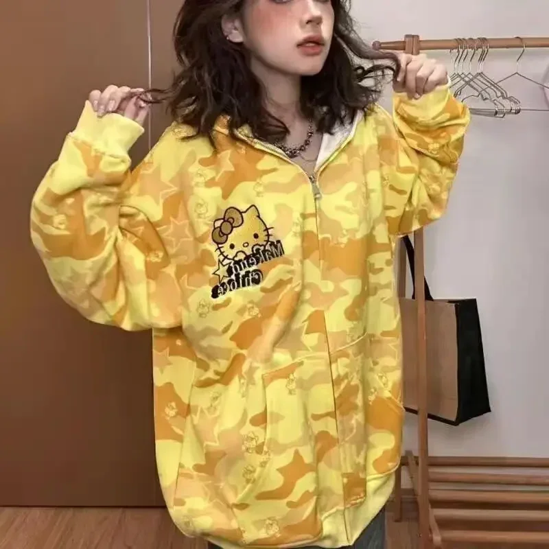 ストリート女性オリジナルサンリオハローキティジップパーカーガールルーズキャンパスカップルカーディガンコート Y2k 服特大トレーナー