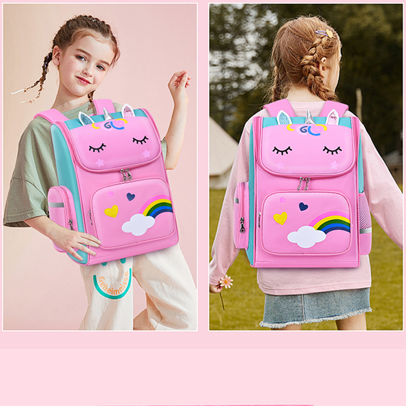 シンプルな学校の学生用ランドセル、男の子と女の子のショルダーバッグバックパック、かわいいユニコーンワット、6〜12歳、子供、1-6グレード、新しい