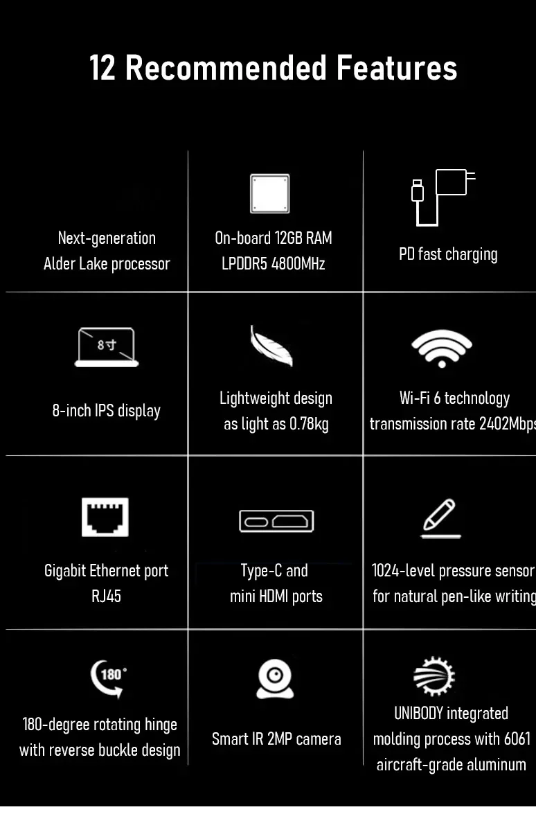 P8 12th Gen Mini Gaming Alder Lake N100 Laptop 8 Inch Touch Screen 12G DDR5 4800mhz Win11 Notebook Tablet Mini PC WiFi 6 BT 5.2