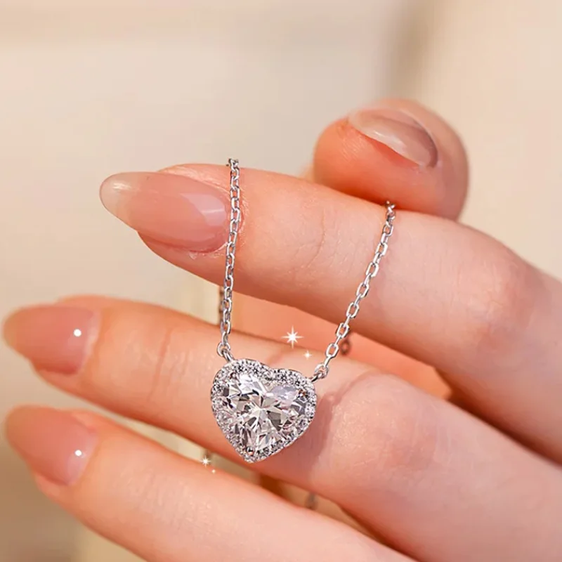 CHENWEN スターリングシルバー プラチナ 1-2CT モアッサナイト ネックレス レディース クラシック ハート ペンダント ウェディング ジュエリー 925 スターリングシルバー GRA