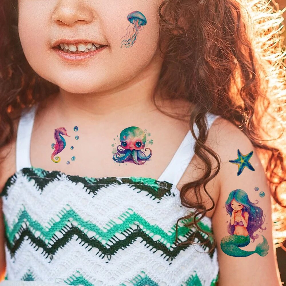 12 個グリッターマーメイドユニコーン防水一時的なタトゥーステッカー漫画レインボーフラッシュタトゥー子供のためのアームボディアートフェイクタトゥー