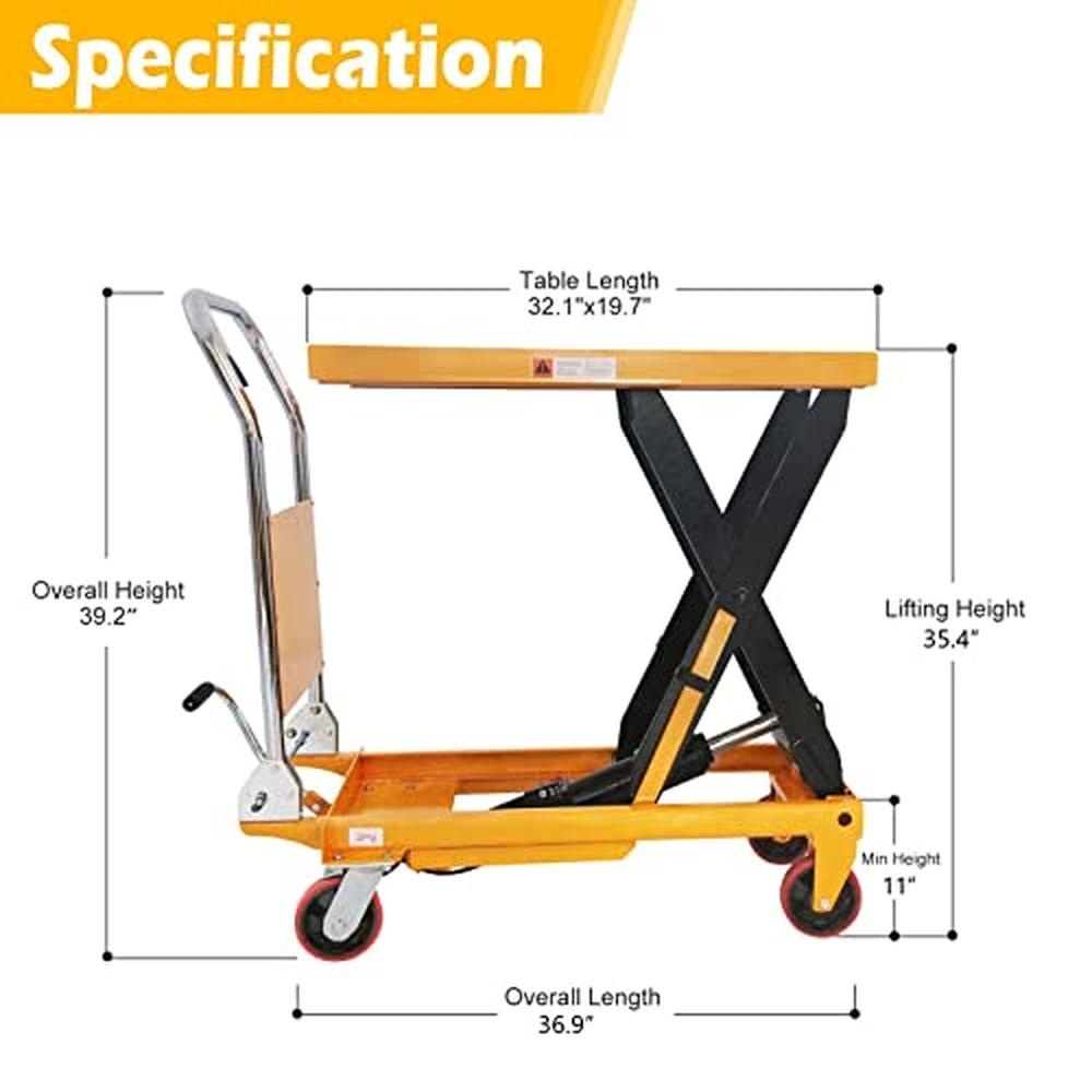 Hydraulic Steel Lift Table Cart 1100lb Capacity 35.4" Lift Height 4 Wheel Material Handling Factory Operations Smooth Operation