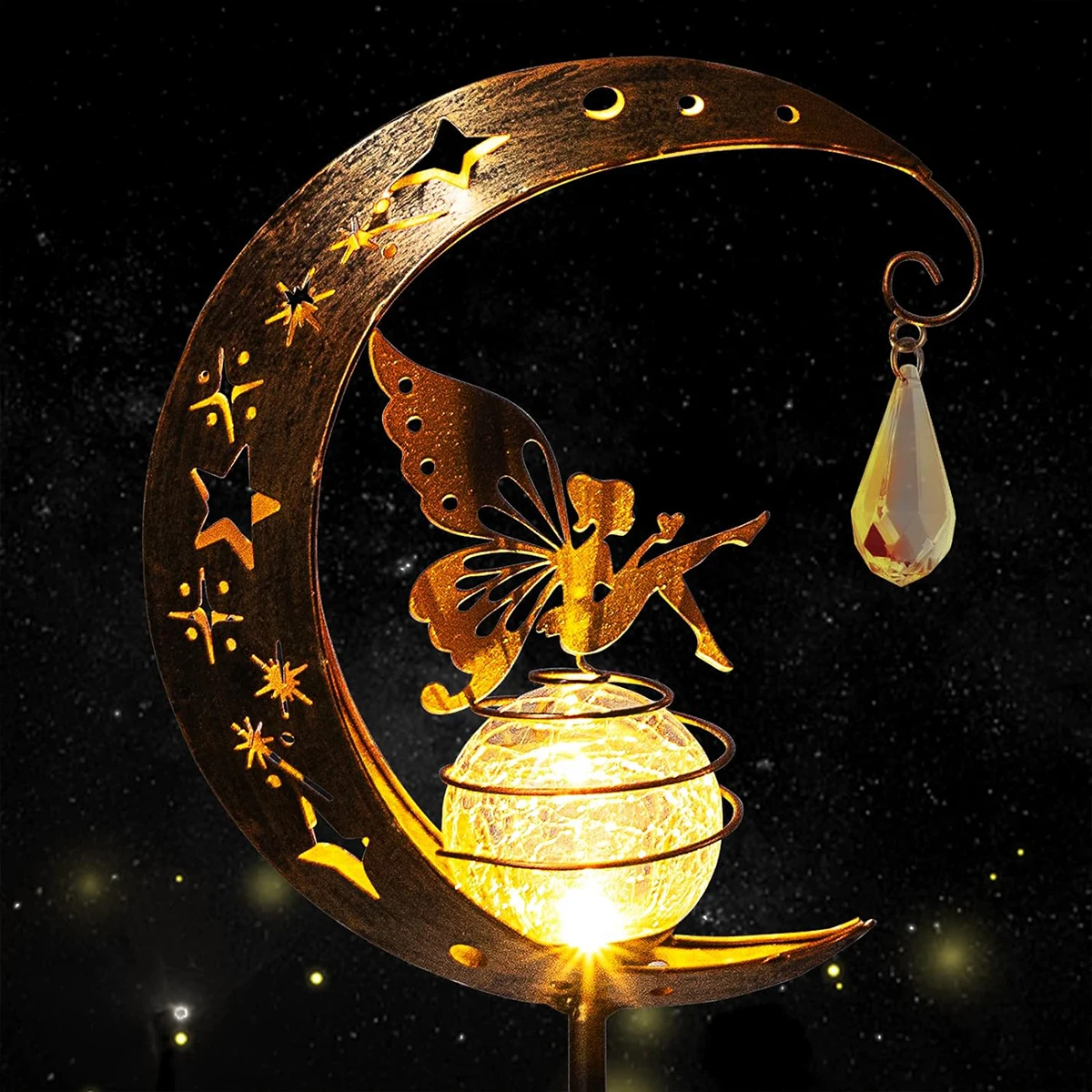 Decoração Solar ao ar livre Luz, Lua Fairy Lamp, Crackle Glass Globe com Angel, Pathway Stake, Ground Light