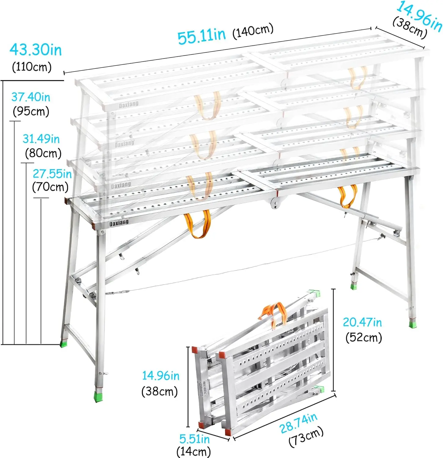 Portable Scaffolding Platform 55(L) x15(W) x27-43(H)'' Work Platform Adjustable Height Steel 600 LBS Load Capacity Folding Step