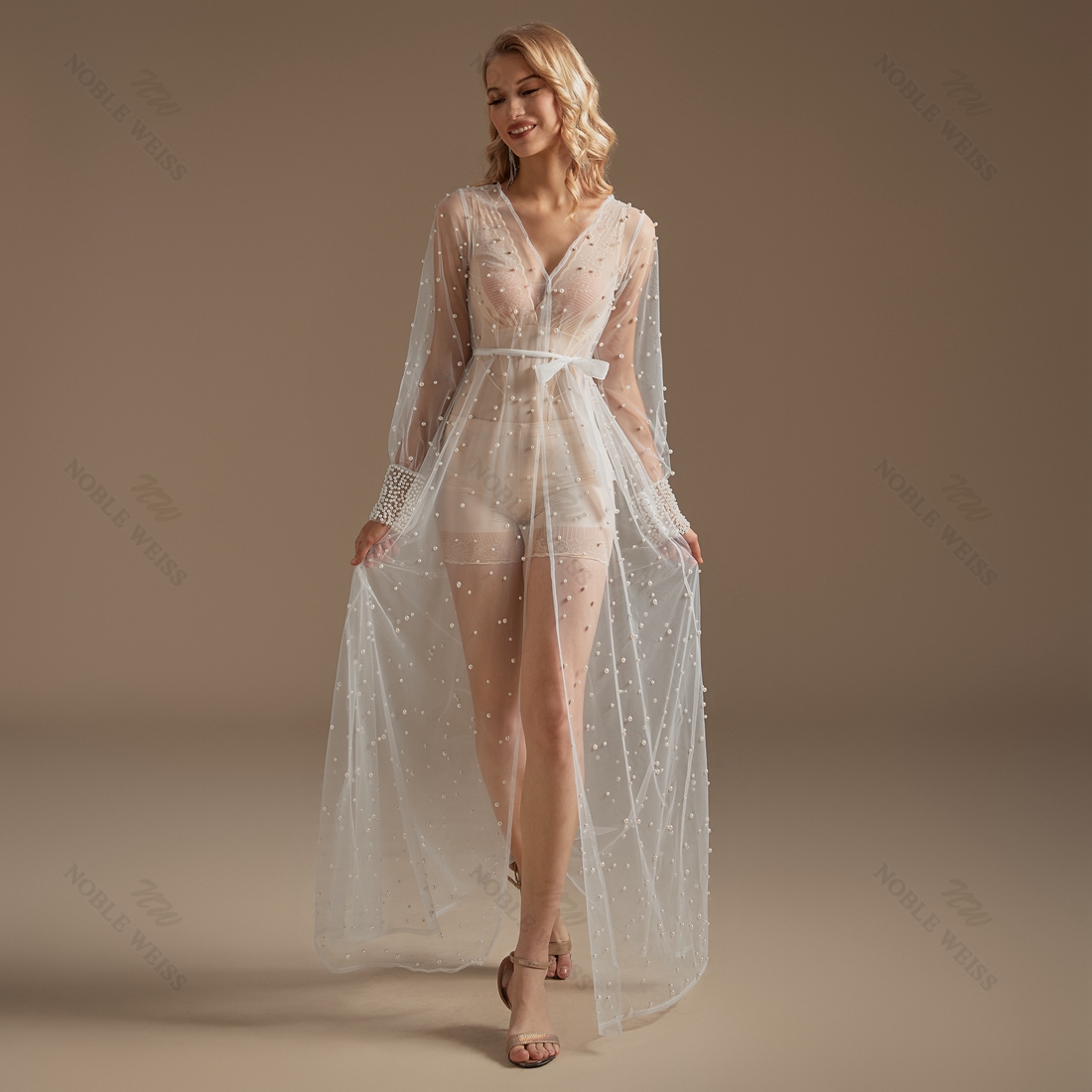 Chaqueta de boda de manga larga con muñeca de perlas, bata de tul, chal de fiesta, BOLERO, capa nupcial hasta el suelo, abrigo largo de perlas Sexy personalizado