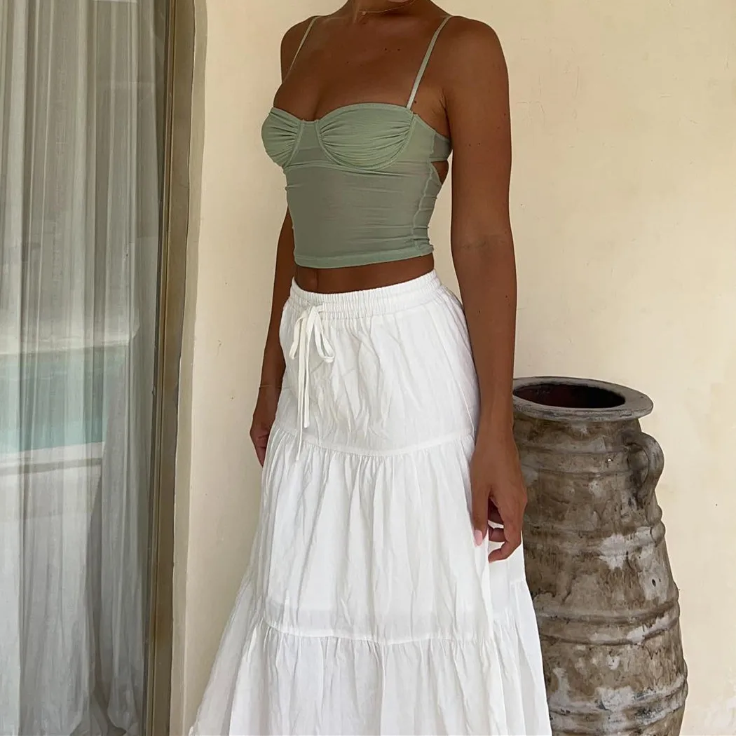 Falda larga bohemia para mujer Y2k, falda larga plisada con volantes y cintura alta elástica, falda informal escalonada de pradera fluida Aline