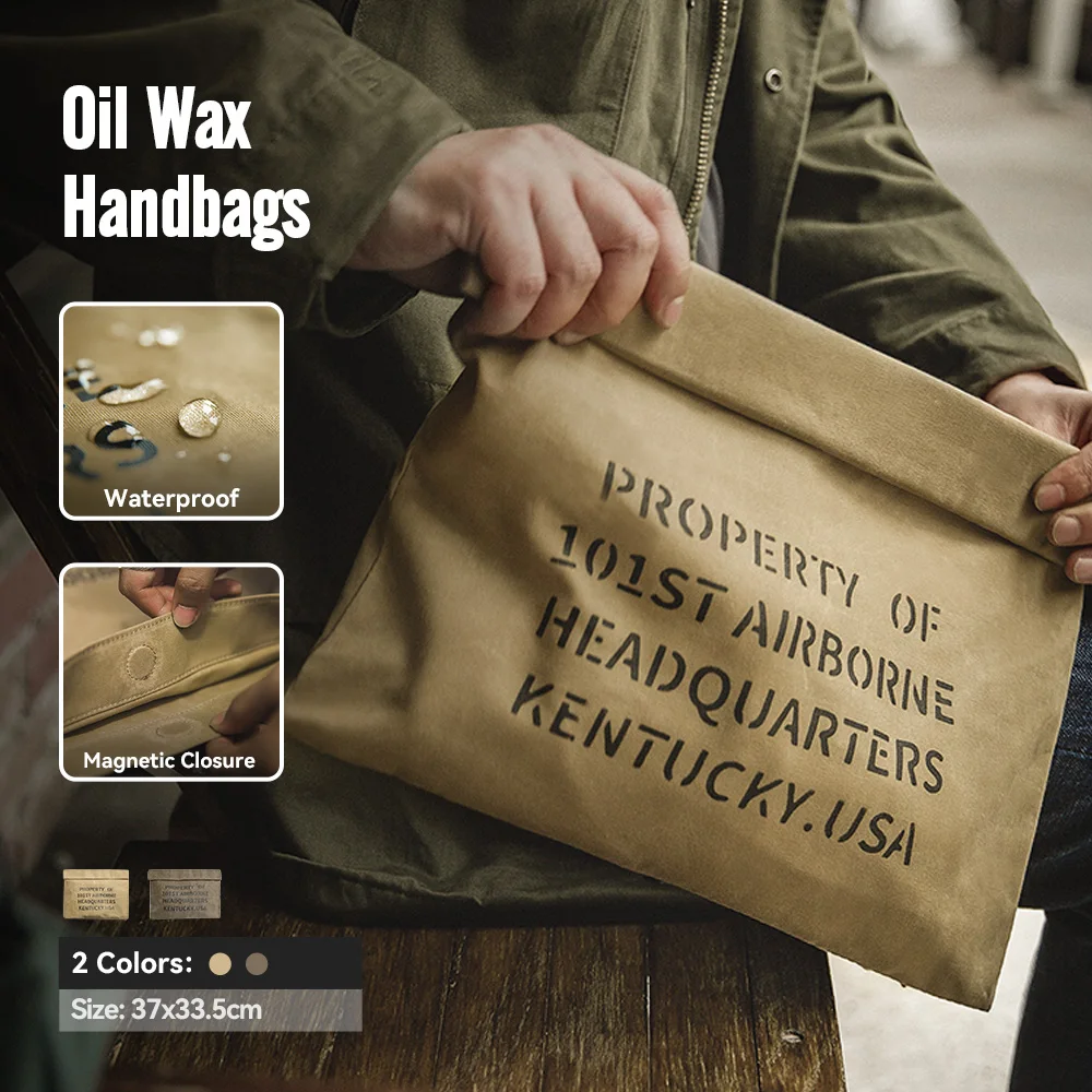 Maden-Bolso de mano de lona con cera de aceite para hombre, bolsos Vintage con estampado de color caqui, capacidad tipo sobre, monedero, billetera larga con hebilla magnética
