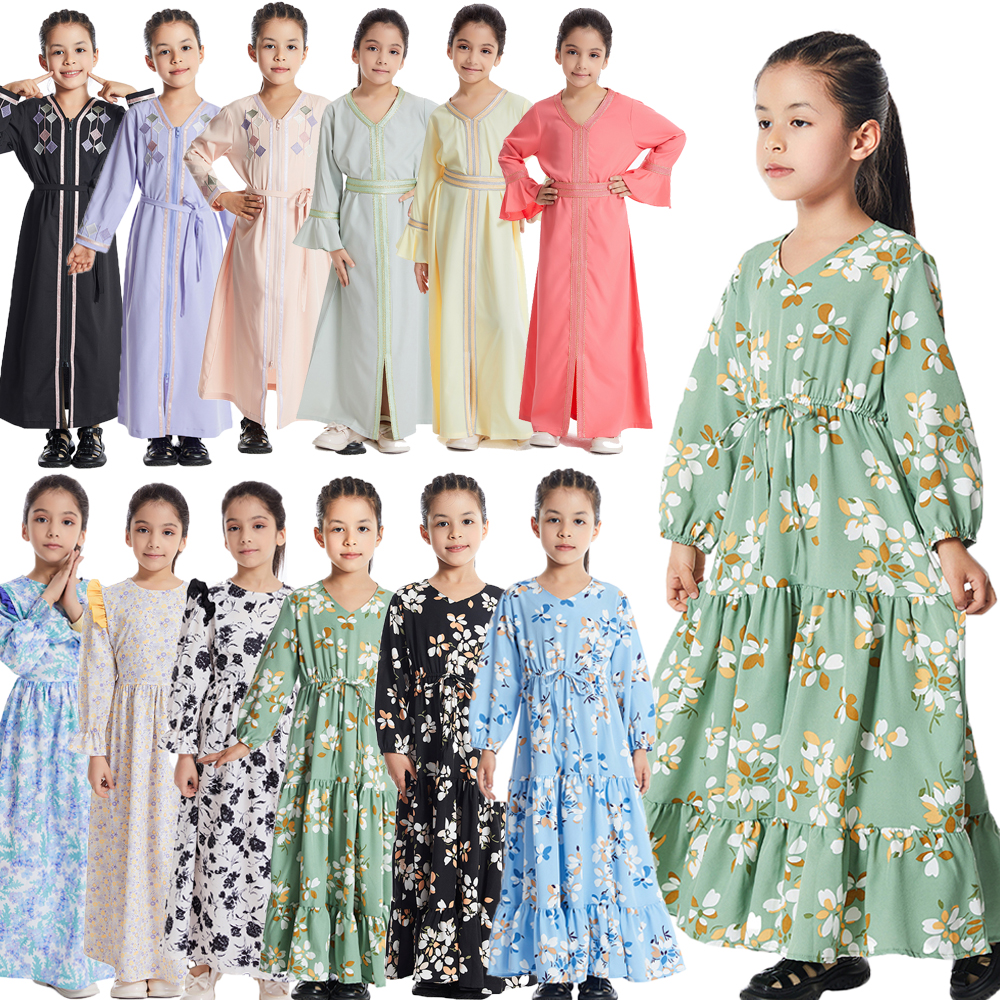 Marroquí Eid fiesta musulmana niños niñas Abaya estampado Floral largo Maxi vestido Turquía Kaftan bata árabe ropa de oración de vacaciones islámicas