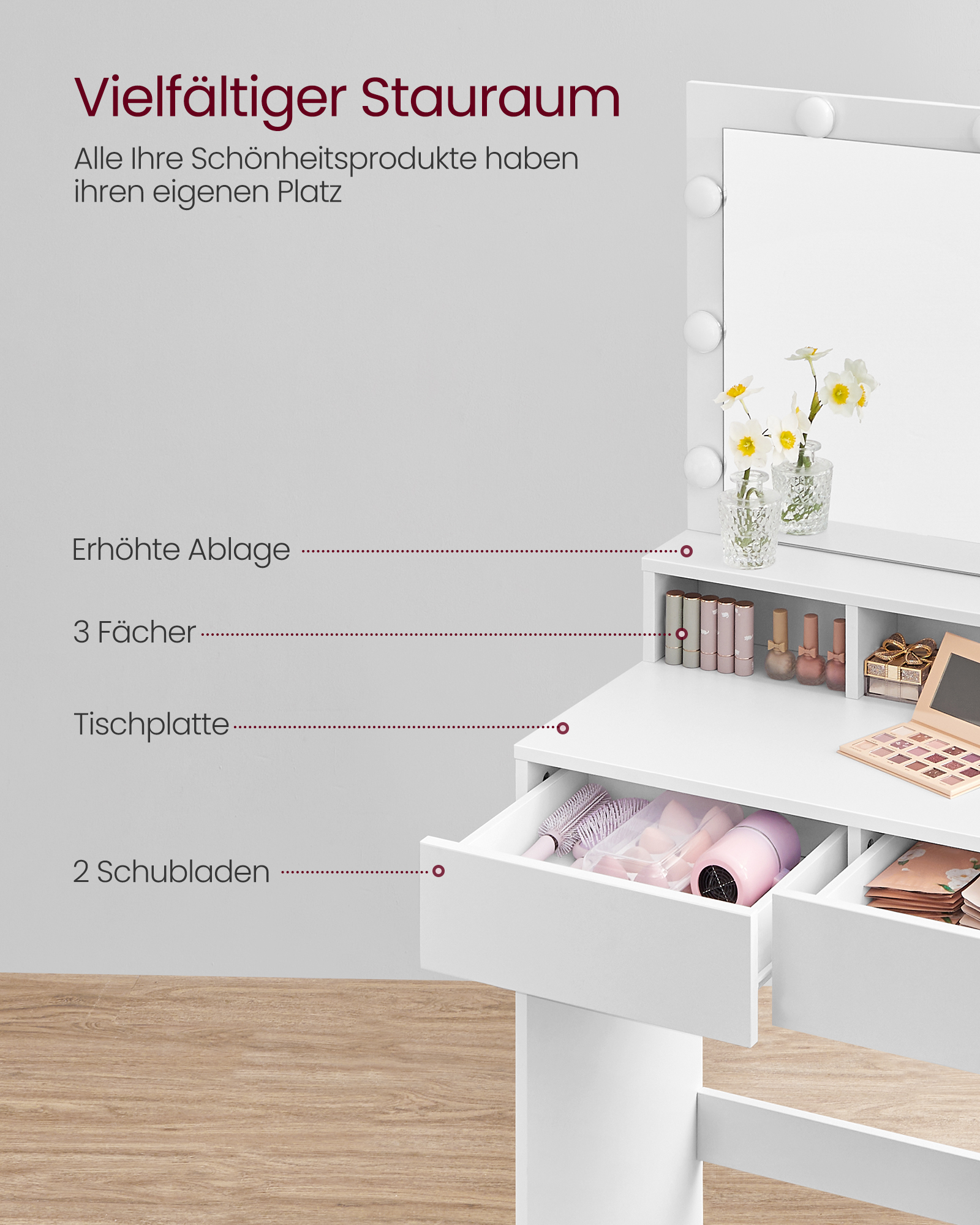 VASAGLE kaptafel, met LED-verlichting, instelbare helderheid, kaptafel met spiegel, make-uptafel met 2 laden
