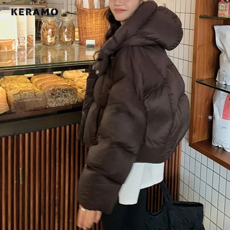 Amerikaanse Retro Stijl Single Breasted Parka 'S 2024 Winter Warm Dik Effen Jas Voor Dames Casual Bovenkleding Vintage Capuchon