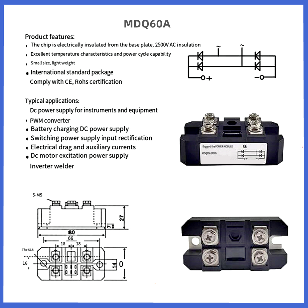 Módulo monofásico do retificador da ponte, MDQ60-16, MDQ40A, 60A, 600V, 800V, 1000V, 1200V, 1400V, 1600V, 1800V, 2000V, 2500V, m340