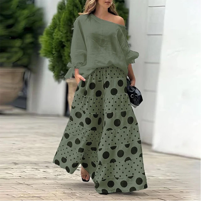 Conjunto elegante de dos piezas con estampado de moda para mujer, traje informal de dos piezas con un cuello y hombros descubiertos, Top liso de manga larga, culotte holgado, primavera y verano