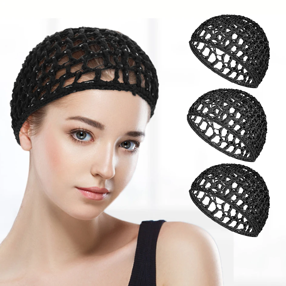 3 Stück Komfort, handgestrickte Häkel-Haarnetz-Kappe für Damen – atmungsaktive, atmungsaktive Mesh-Schlafmütze, elastisches Haarnetz für Männer und Frauen
