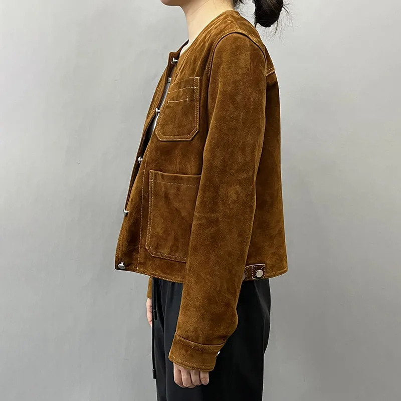 Short Leather Suede Jackets Women Lapel Collar Long Sleeves Button-up Front Buckle Cropped Lady Vintage Female Suede Jacket