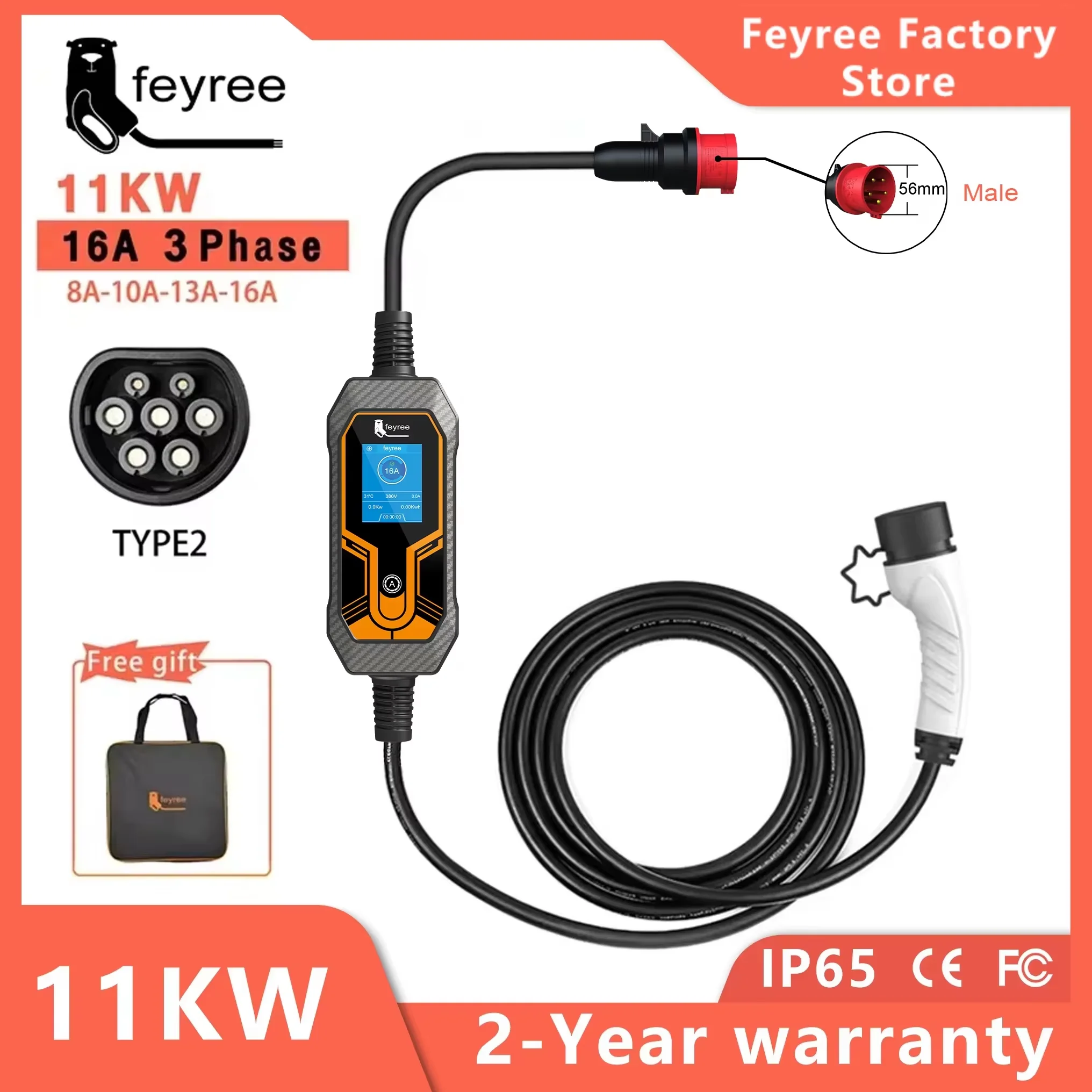 feyree 11kW 16A 3-fazowa przenośna ładowarka EV Type2 5M Kabel EVSE Skrzynka ładująca Elektryczna ładowarka samochodowa Wtyczka CEE do pojazdu elektrycznego