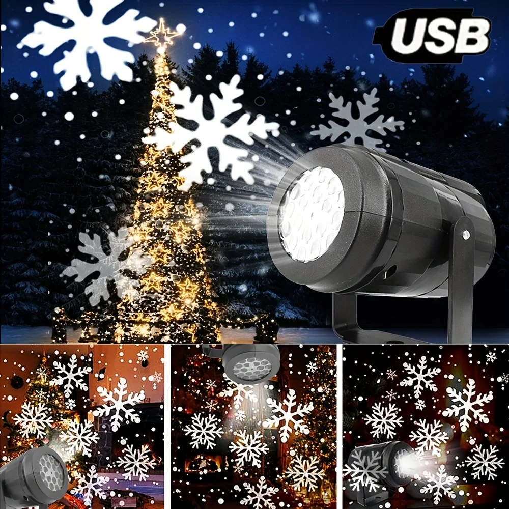 ไฟโปรเจคเตอร์เกล็ดหิมะแบบใช้พลังงานจาก USB ลายหิมะสีขาว หมุนได้ ไฟ LED สำหรับงานปาร์ตี้วันหยุด ตกแต่งคริสต์มาส ของขวัญปีใหม่