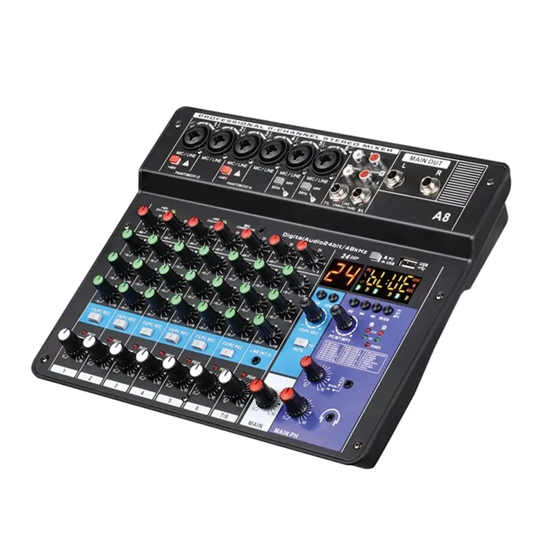 Professioneller Audiomixer, 8-Kanal-Sound-Mischpult, A8, unterstützt Bluetooth, USB, 48 V, Stromschnittstelle für Karaoke-Party-Aufnahmen