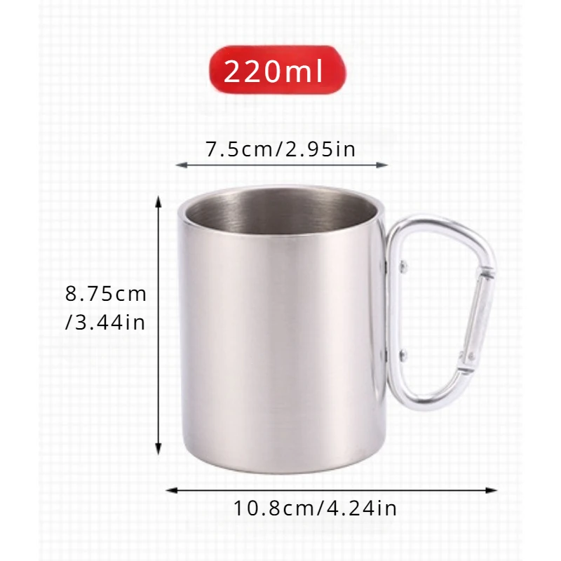 220/300ml Viaggio di campeggio Tazza in acciaio inossidabile Moschettone Maniglia con gancio Picnic Tazza d'acqua Viaggio all'aperto Escursione Tazza tazza portatile