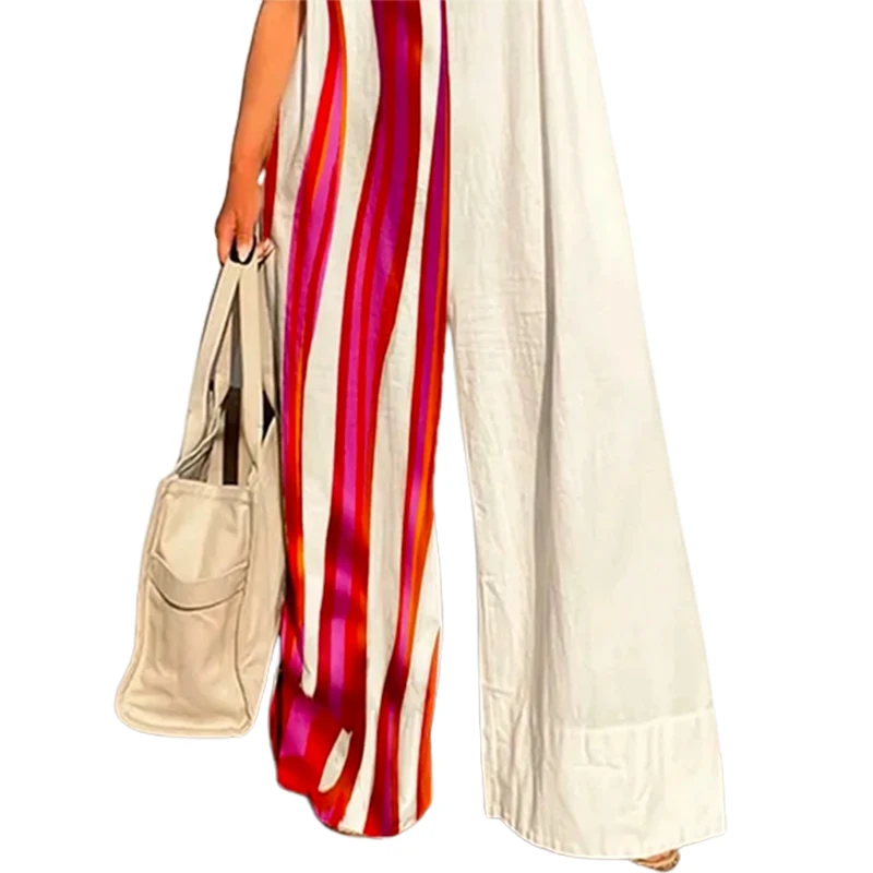 Yeezzi 2025, neue Damen-Overalls mit Kontrastfarbe, gestreift, weites Bein, Sommer, ärmellos, lässig, modisch, einteilig, Streetwear