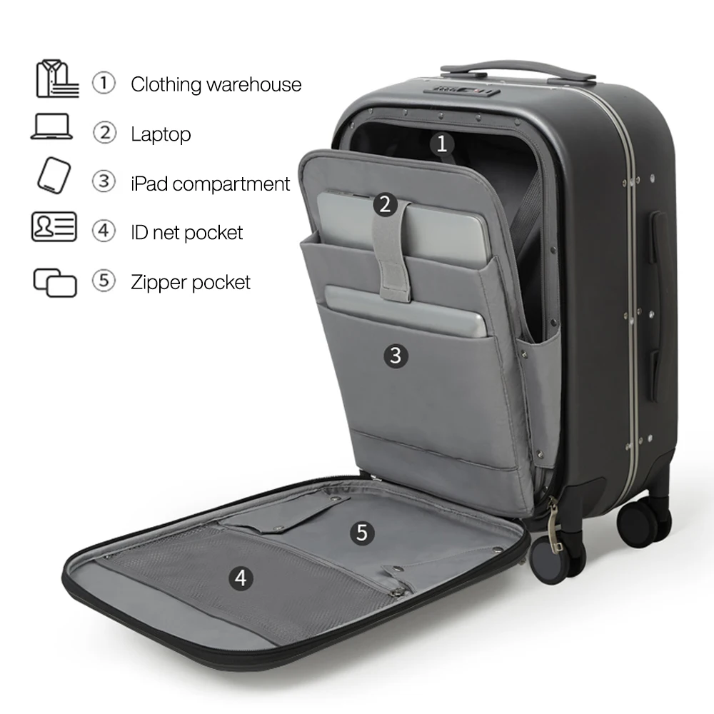 Mixi 2023 ผู้ชายใหม่ 18 ''20''Carry On กระเป๋าเดินทางกรอบอลูมิเนียมด้านหน้ากระเป๋าแล็ปท็อปกระเป๋าเดินทาง 100% PC TSA ล็อค Spinner ล้อ