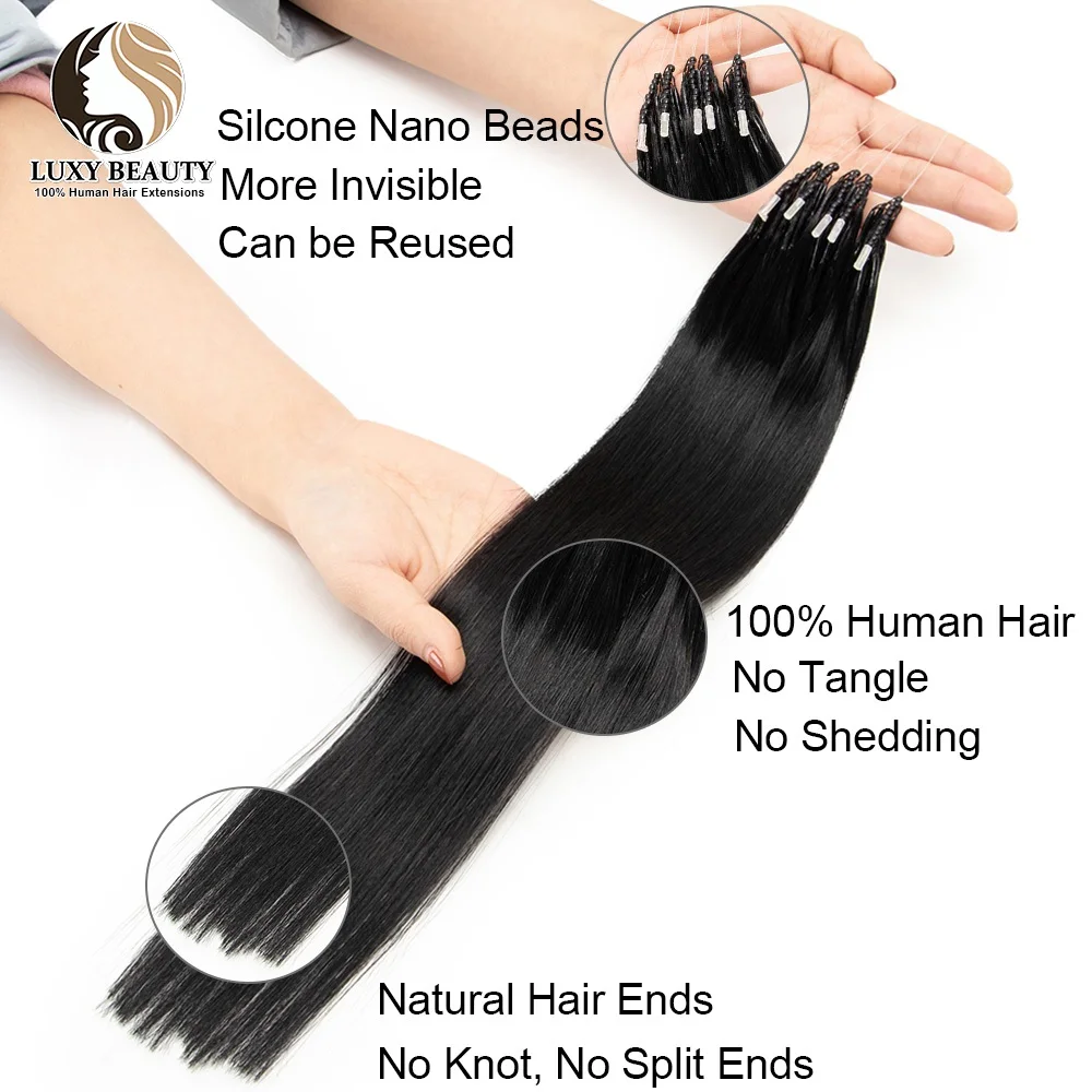 Extensiones de cabello humano con microcuentas 8D, Nano anillo de silicona, extensión de cabello Invisible, Mini cuentas de silicona, cabello humano Rubio, marrón y negro