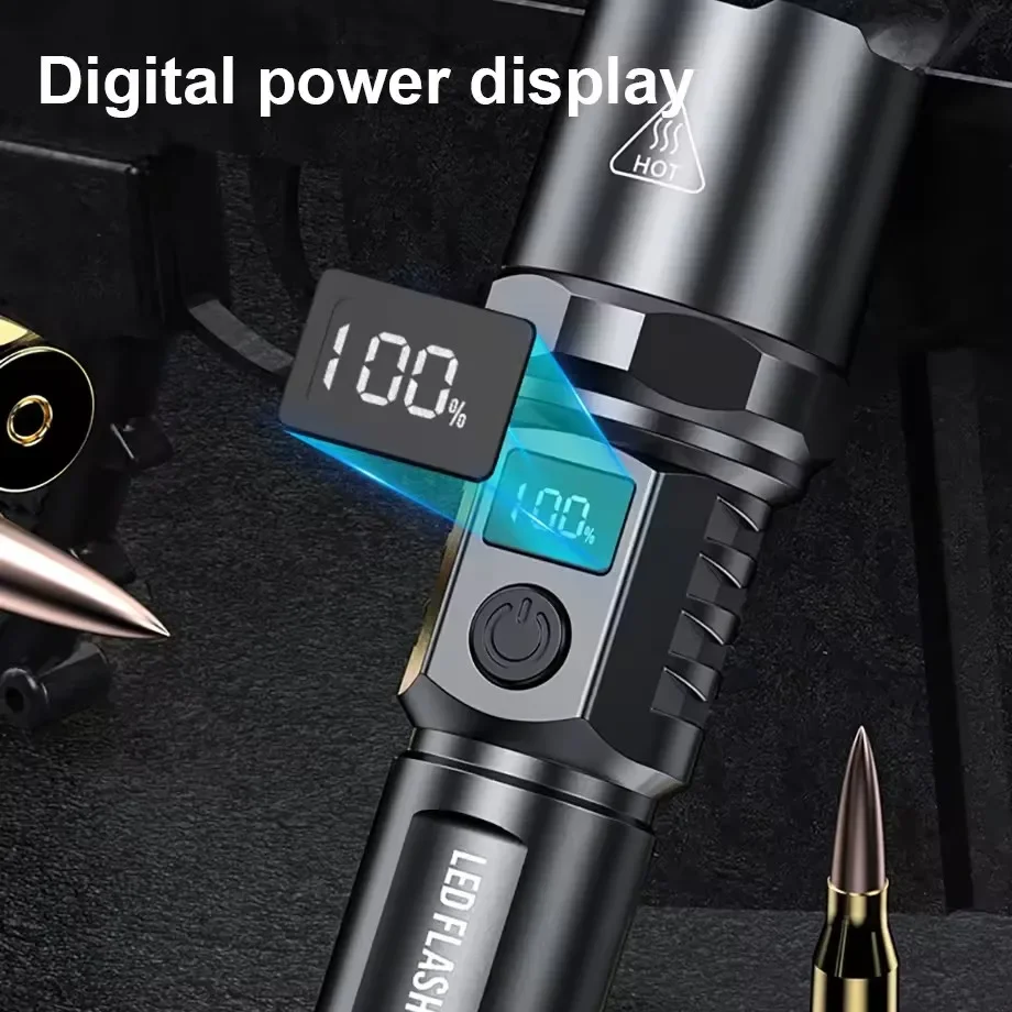 Potente linterna LED de ST-35, pantalla de batería, lámpara recargable por USB, linterna con Zoom telescópico, luz Flash para acampar al aire libre